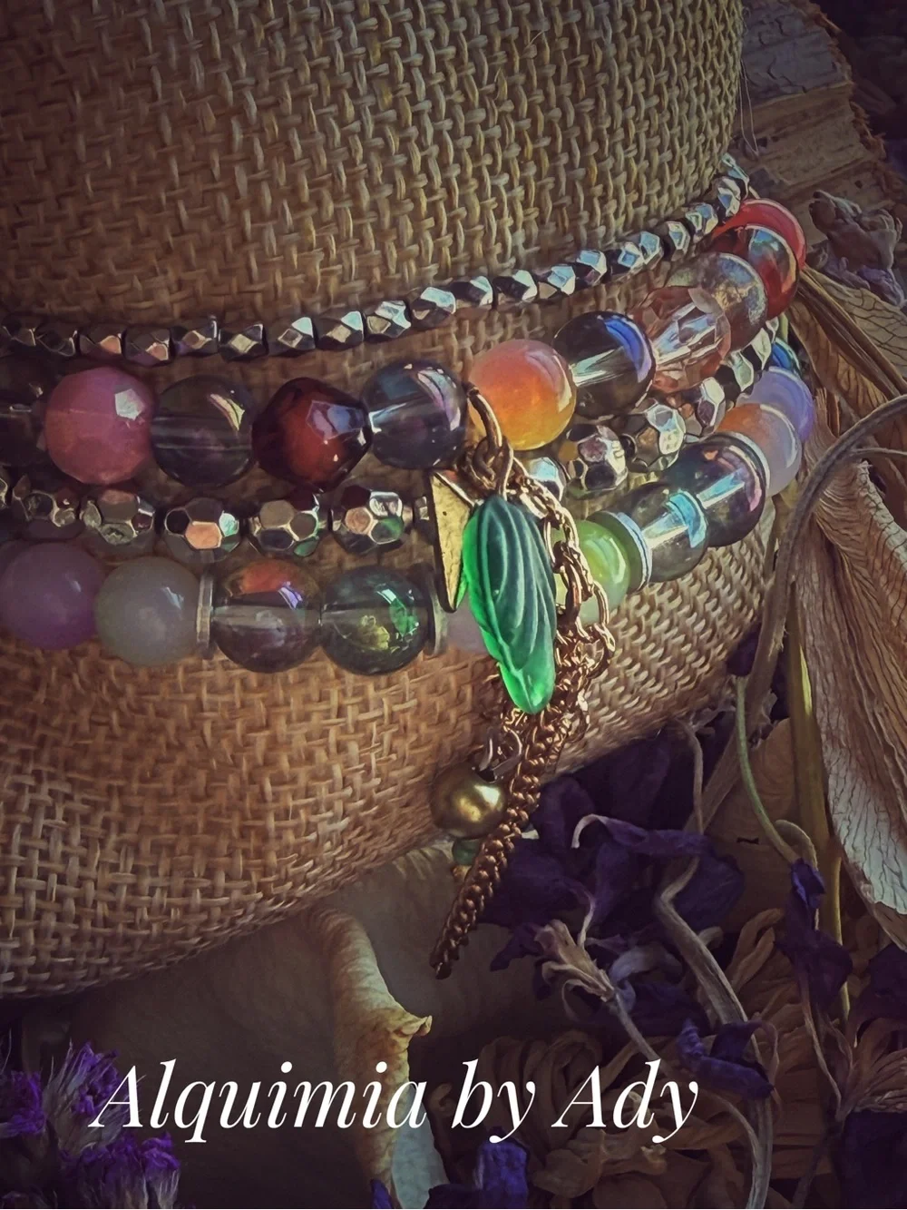 Aura quartz Multicolor Beaded Bracelet Stack with Green Leaf Charm